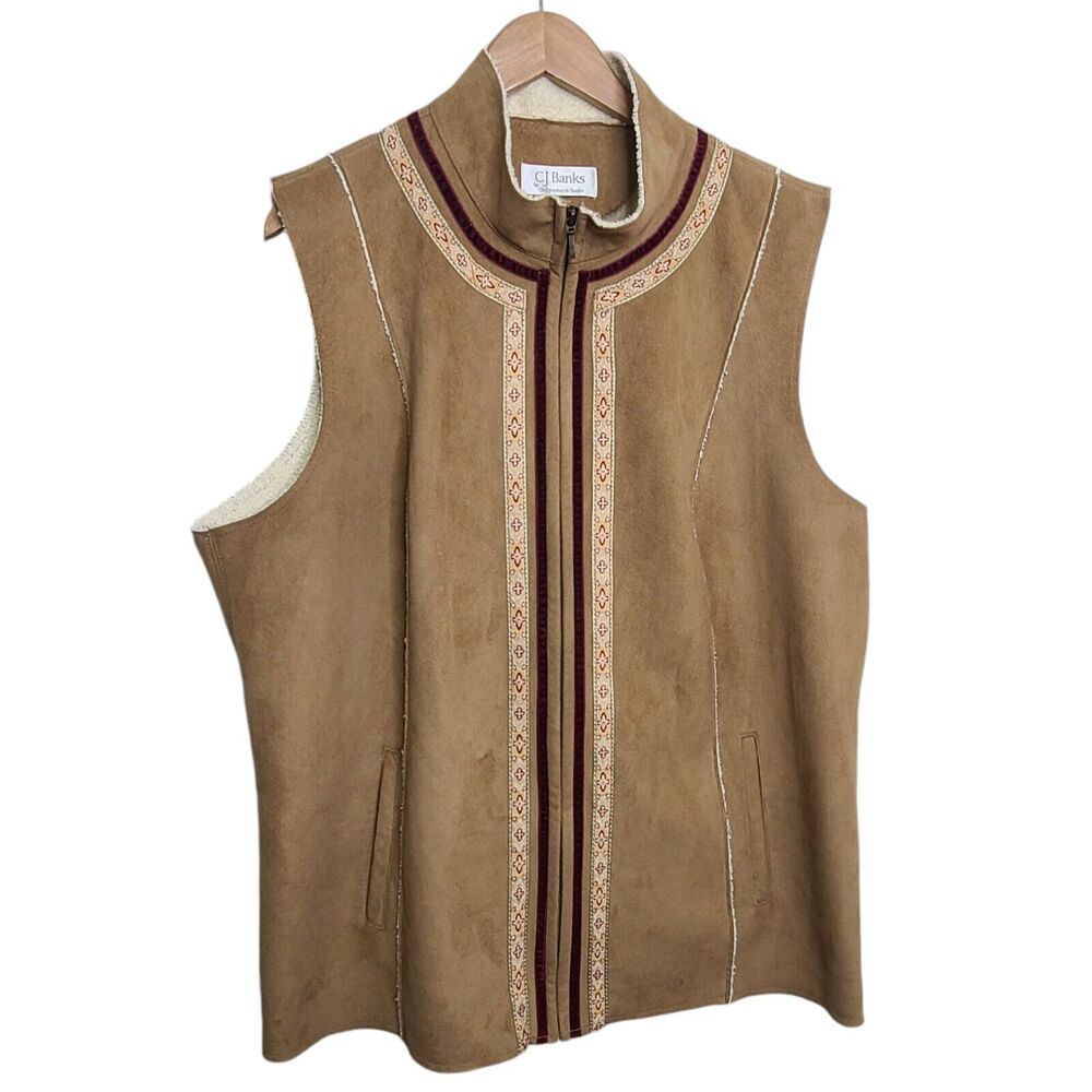 C.J. Banks Womens 1X Full Zip Tan Faux Suede Vest Fleece Lining Y2K Cottage READ